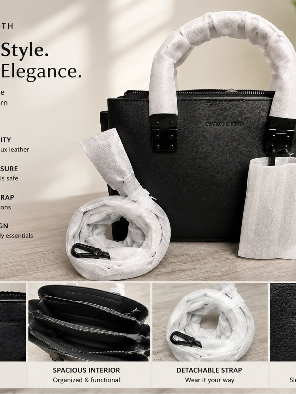 Charles & Keith Black Structured Tote Bag